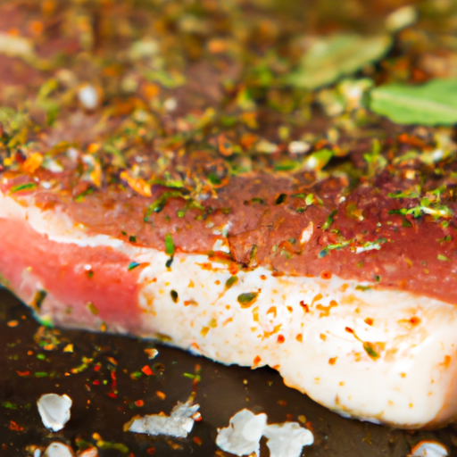 A close-up of a steak being seasoned with salt, pepper, and herbs